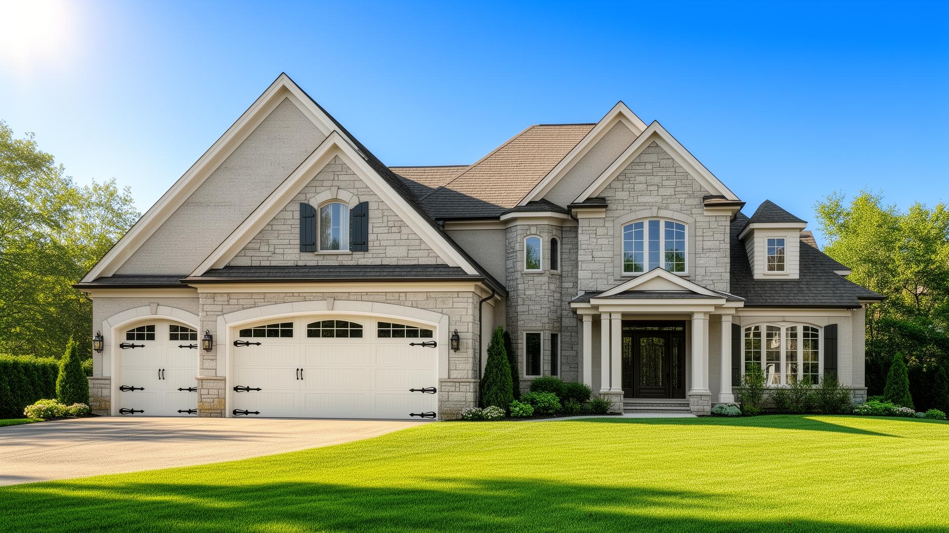 Beautiful two-story home with elegant carriage house garage doors featuring decorative black iron hardware