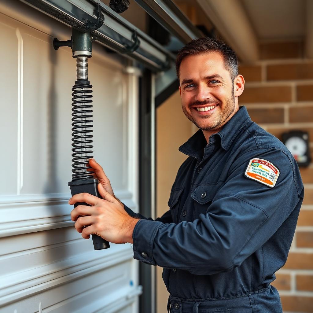 Friendly Wenham Garage Doors technician in professional uniform inspecting garage door mechanism